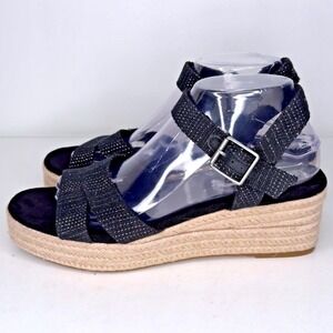 TOMS Monica Black Gold Metallic Espadrille Wedge Sandals Womens Sz 9 Resort NWT